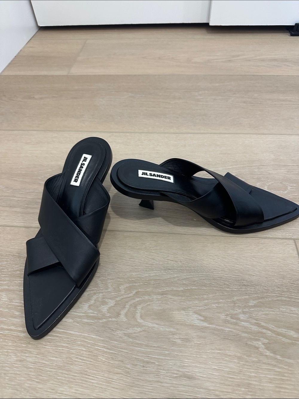 Jil Sander Black Leather Crisscross Kitten-Heel Sandals